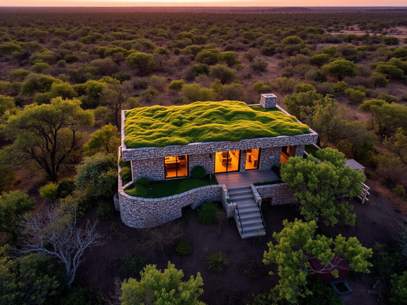 An aerial view of a stone home with a living green roof in the Zambezi savanna