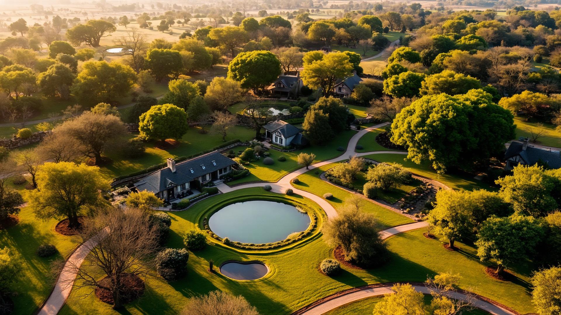 An aerial view of the DomboEco Estate gardens with stone homes, lakes, and winding pathways