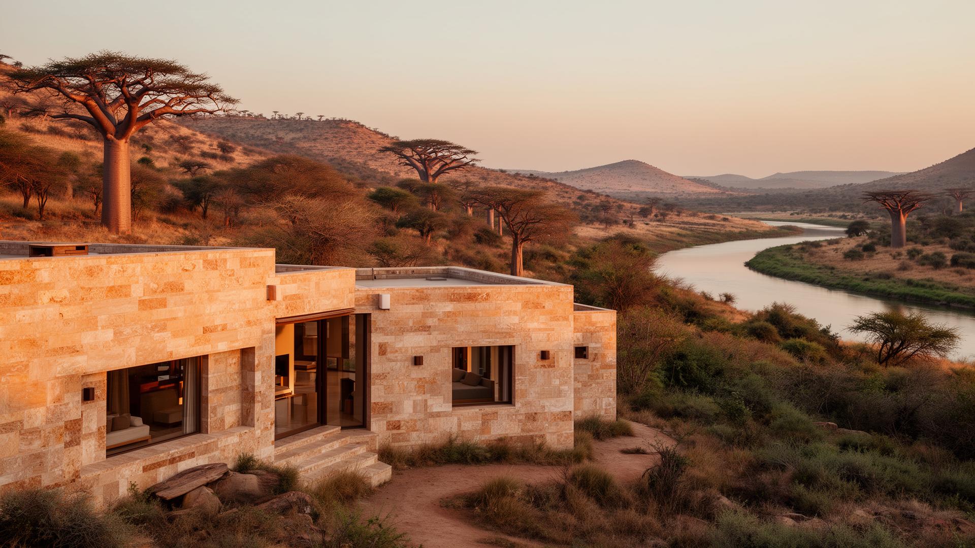 A travertine and granite home set into the Zambezi hills at golden hour